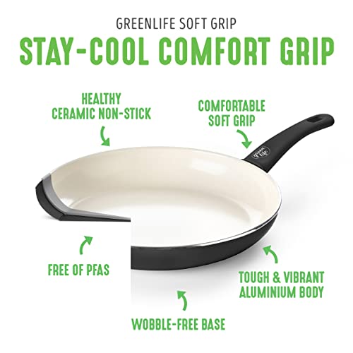 GreenLife Soft Grip Healthy Ceramic Nonstick 16 Piece Kitchen Cookware Pots and Frying Sauce Pans Set, PFAS-Free, Dishwasher Safe, Black and Cream