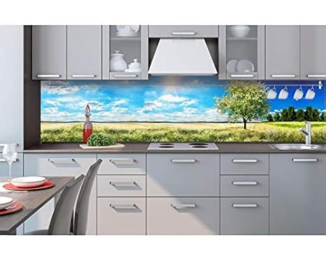 Küchenrückwand Folie selbstklebend BAUM AUF WIESE 260 x 60 cm | Klebefolie - Dekofolie - Spritzchutz für Küche | PREMIUM QUAL