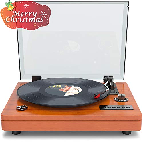 Turntable Vinyl Record Player Belt Driven with Built in Stereo Speaker, Eonsix Wireless Connection Vintage Style Turntable, Supports USB to MP3 Record with 3 Speed Play, Natural Wood