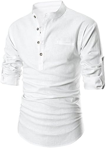 GARSEBO Beloved Men Henley Neck Long Sleeve Daily Look Linen Shirts (2XL, White)