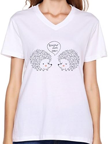 Yigenvren Women Lady Hedgehog Animal French Dialogue English Hello Dear V-neck T Shirt XL white