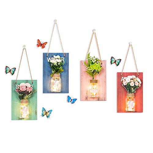 Decorative Artificial Flower Wall Decor - Rustic Wall Hanging Sconces with Mason Jars and LED Fairy Lights 1 Pack - Farmhouse Home Decor(Spring Board with Gerbera)