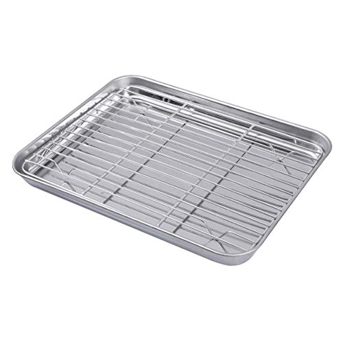 HEMOTON 2 Pieces One Set Rectangular Baking Tray Draining Oil with Grid Rack Stainless Steel