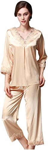 SheSmile Women Fashion Silk Long Sleepwear Sexy Lace 2-pc Satin Pajama