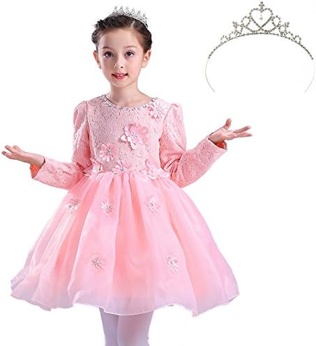 Girls' Lace Princess Wedding Baptism Dress Long Sleeve Formal Party Wear for Toddler Baby Girl (4-5 Years, Pink)