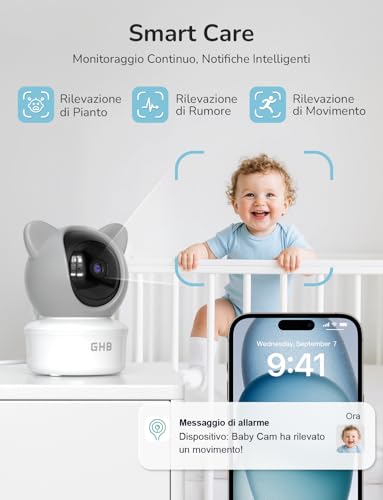 GHB WiFi Video and Audio Baby Monitor with App, 5 Inch IPS Monitor, 2K Camera, 350°/65° PTZ, 3000mAh, Motion Detection/Plant/Temperature, Night Vision