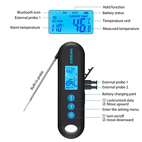 INKBIRD Professional Digital Barbecue Bluetooth Kitchen Thermometer with 2 Stainless Steel Probe for Meat IHT-2PB BBQ Grill Oven