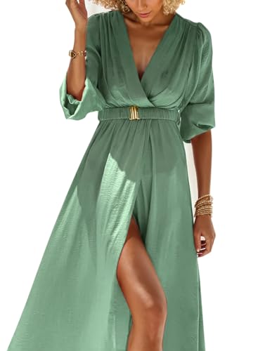 ZADORN SUMMER DRESSES FOR WOMEN 2024 CASUAL BEACH WEDDING GUEST DRESSES FOR WOMEN MAXI SUNDRESSES V NECK 3/4 SLEEVE SPLIT HEM ELASTIC WAIST BELTED WRAP PARTY COCKTAIL TRAVEL VACATION OUTFIT GREEN
