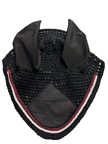 Spire Horse Soft Crochet Fly Veil Breathable Cotton Ear Net Hood Horse fly Control Masks Protector Bonnets (Cob, Black/burgundy-white)