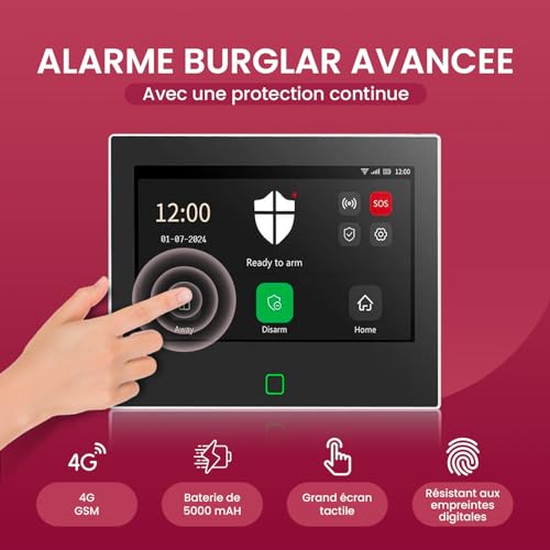 seQrell® Wireless Home Alarm System, WiFi and GSM 4G Home Alarm Kit with 7 Inch Touch Screen 5000 mAh Battery, Tuya Smart Life App, Alexa and Google, Water Leak Detector SQ7024B