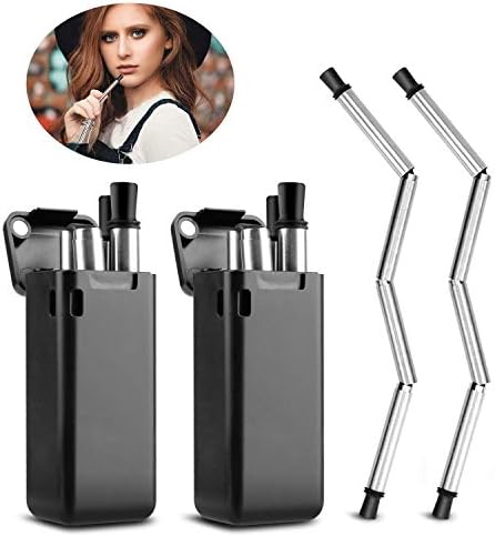 Collapsibleย Strawย Reusableย Stainlessย Steel,ย KKTICKย Food-Gradeย Portableย Foldingย Drinkingย Straws,ย Metalย Strawsย withย Caseย and Cleaningย Brushย forย Travel,ย Household,ย Outdoorย -ย 2ย Packย (Black)