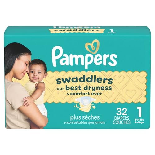 PAMPERS SWADDLERS DIAPERS, SIZE 1 (8-14 LBS), 32 COUNT, ABSORBENT, KEEPS BABY DRY AND COMFORTABLE, SKIN SAFE DISPOSABLE BABY DIAPER (PACKAGING MAY VARY)