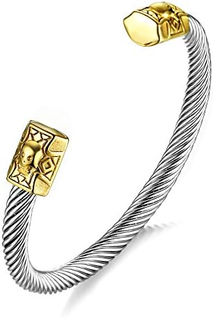 MP Men's Stainless Steel Skull Head Cable Wire Twisted Bangle Viking Cuff Bracelet Punk Rock Silver