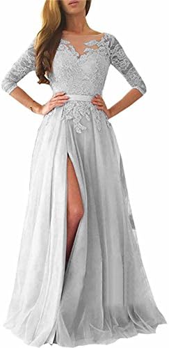 Ruisha Women Lace Long Sleeves Prom Dresses 2018 Long Tulle High Slit Formal Evening Gowns RS0080