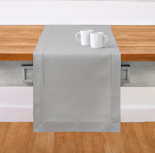 Solino Home Cotton Linen Light Grey Table Runner 120 Inches Long - Hemstitch 14 x 120 Inch Table Runner for Holiday, New Year — image 1
