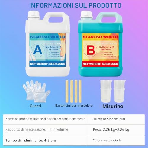 Silicone for Moulds 20A, 4L Green Liquid Silicone for Moulage, 1:1 Per Volume, Non-Toxic, Perfect for Making Resins, Moulage, Wax, Plaster