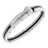 Fashion Alloy Black Simulated Carbon Fiber Silver-Tone White CZ Handcuff Mens Bracelet