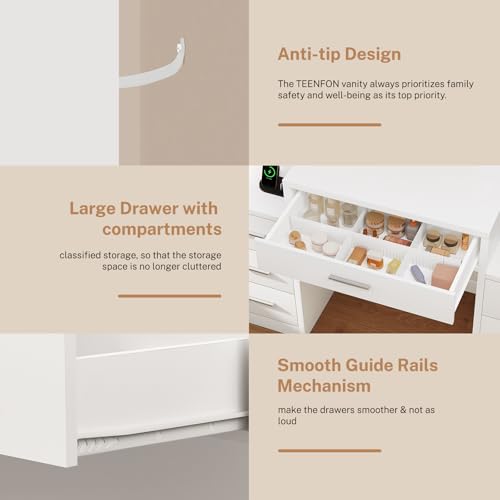 TEENFON 47.2” Large Vanity Desk with 7 Drawers & 15 Open Shelves, Makeup Vanity with 10 LED Lights & Power Outlet, Vanity Desk with Mirror and Lights, Dressing Table for Bedroom, White