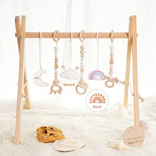 AM ANNA Wooden Baby Gym with 6 Wooden Baby Gym Hanging Toys, Foldable Wooden Activity Baby Play Gym Hanging Bar Newborn Gift Baby Girl and Boy Gym (Natural Color with 6 Hanging Toys)