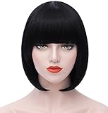 Mersi Short Black Bob Hair Wigs with Bangs 12 Inch Straight Cosplay Costume Wigs Heat Resistant Synthetic Fun Wig for Women S004BK