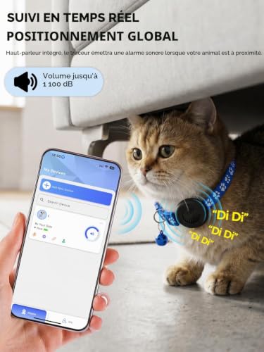 GPS Cat Collar, GPS Tracker Cat GPS Dog Compatible with iOS and Android, Real Time Positioning, No Subscription, 7 Day Trip Replay, IP67 Waterproof, Suitable for Cats/Dogs/Luggage, etc.