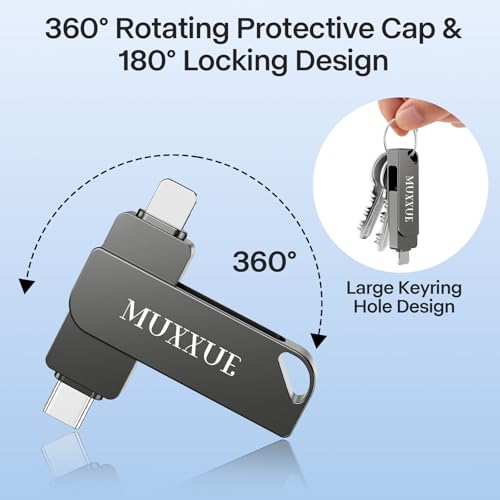 MUXXUE 256GB iPhone Pendrive without App, External iPhone Memory 3 in 1 for 1Phone 1Pad Android and PC USB C Memory Pen Drive for Photos, Videos and Files