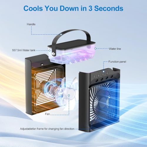 Portable air Conditioners, Personal Cooling Fan with 120° Oscillation, 3 Wind Speed & 4 Sprays, 2/4/6/8H Timer, Multi-Color Light, 3 in 1 Personal Small Mini Air Conditioner Air Cooler for Room