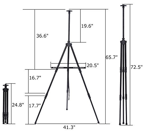 Easel Stand, Ohuhu Artist Easels for Display, Aluminum Metal Tripod Field Easel with Bag for Table-Top/Floor/Flip Charts, Black Art Easels W/ Adjustable Height 25 - 73” for Posters, Kids Painting