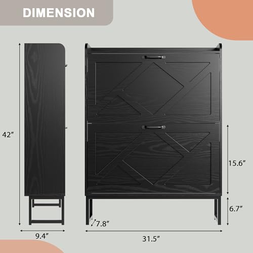 Nicetree Shoe Cabinet with 2 Flip Drawers, Narrow Shoe Storage Cabinet with Metal Legs, Freestanding Slim Shoe Organizer Cabinet for Entryway, Hallway, Foyer, Black