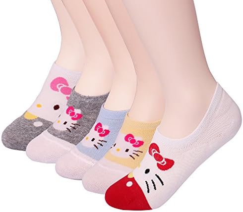 Womens Basic 3 to 8 Pack Casual Fashion No Show Liner silicon Fake Peds Foot Socks Non Slip Socks (A_Hello Kitty 5 Pairs)