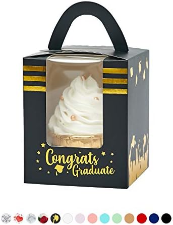 Yotruth Black and Gold Stamping Cupcake Boxes with Academic Hats Tassels Cap for School Graduation Favor 50 Sets (Choice Series)