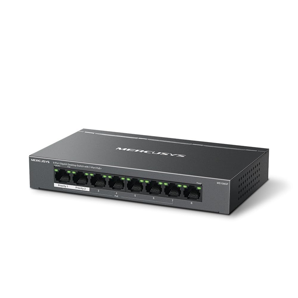 Mercusys MS108GP PoE Switch 8-Port Gigabit LAN Switch mit 7 PoE+ Ports, bis zu 30 W pro PoE-Port und 65 W für alle PoE-Ports, 802.3af/at PoE, lüfterlos, Plug-and-Play, Robustes Metallgehäuse 2