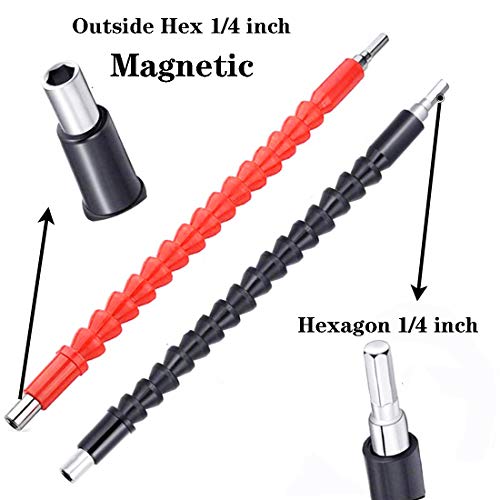 2 Pcs 11.5 Inch Flexible Drill Bit Extension Shaft with 12 Pcs Drill Bit Sets,1/4" Hex Head Magnetic Flexible Screwdriver Extension Shaft for Multi-angle Work