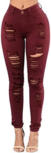 GloryA Womens Slim Fit Mid Waist Hole Solid Ripped Jean Denim Pants Wine Red L