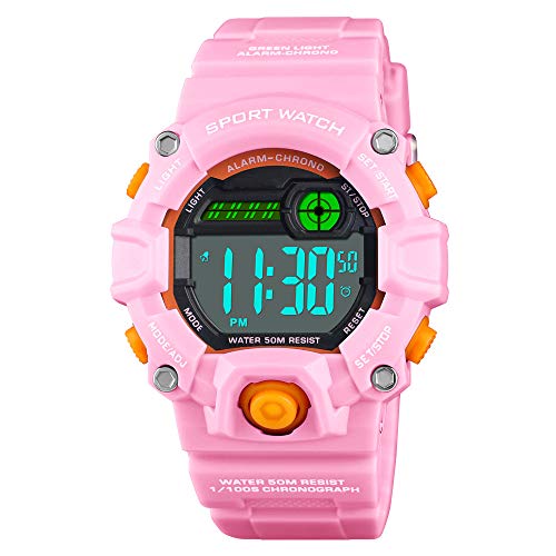 Venhoo Kids Digital Watches Outdoor Sport Waterproof Electronic LED Alarm Stopwatch Wrist Watch for Kids Girls-Pink