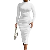 LAGSHIAN Women's Cocktail Bodycon Long Sleeve Mock Neck Mesh Ruched Midi Party Dress