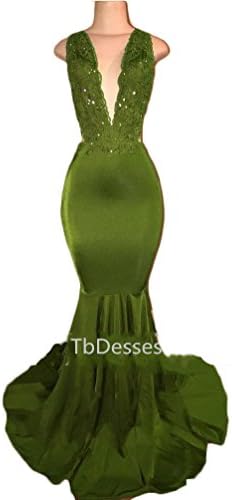 TbDesses Olive Green Mermaid Prom Dresses Satin Beaded Lace Appliqued Sweep Train Arabic Evening Party Gowns X030901