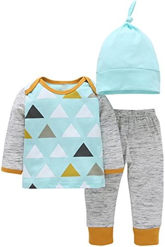 YOUNGBEST Baby Boys 3 Piece Top Pant and Cap Set Triangle Pattern (80cm/6-12 Month, Blue+Grey)