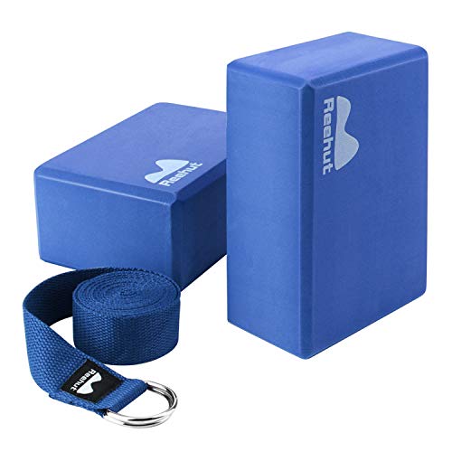 REEHUT Yoga Block (2 PC) and Metal D Ring Yoga Strap(1 PC) Combo Set, 9″ x 6″ x 4″High Density EVA Foam Block to Support and Deepen Poses, 8FT Yoga Belt for Stretching, General Fitness Blue
