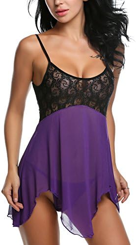 Kissgal Women's Lace Babydoll Lingerie V Neck Chemise Sleepwear Dress