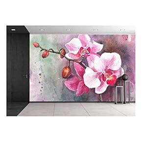 Watercolor Hand-Drawn Orchid Flowers - Removable Wall Mural | Self-Adhesive Large Wallpaper - 66x96 inches