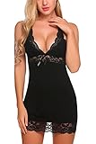 ADOME Womens Full Slip Modal Sleepwear Strap Nightgown V Neck Chemise Lace Lingerie,Style 1 black,Large