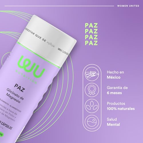 WU Nutrition PAZ Glicinato de Magnesio + Arándano | Bisglicinato Puro de Alta Absorción para Dormir, Relajación y Descanso | Suplemento para Mujer Sin Gluten | Magnesium | 120 Cápsulas (2 Meses)