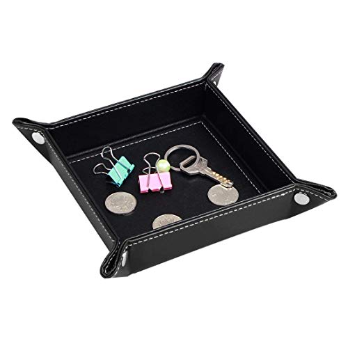 PUSU Desk Organizer Trays, Leatherette Collapsible Catchall Storage Valet Tray Office Pens Jewelry Makeup Keys Change Coins Dice Trinkets (Black) - Thumbnail 2