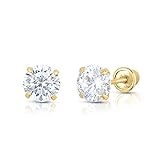 14k Yellow Gold Round Solitaire 5mm CZ Four-prong Basket Stud Earrings with Secure Screw-backs