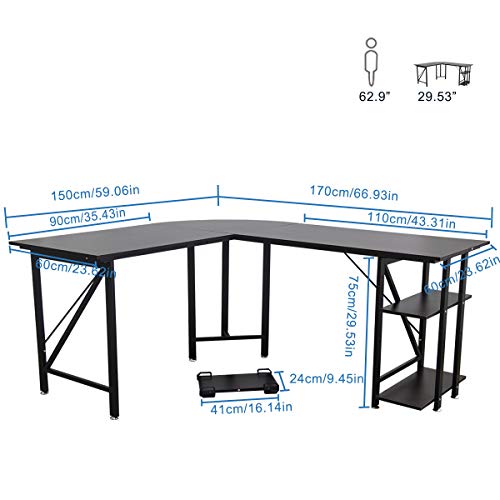 L Shaped Computer Desk - Bizzoelife Large Corner Desk Gamer Laptop Table 67" + 59” with CPU Stand Storage Shelf for Home Office Working Studying Gaming (Coffee)