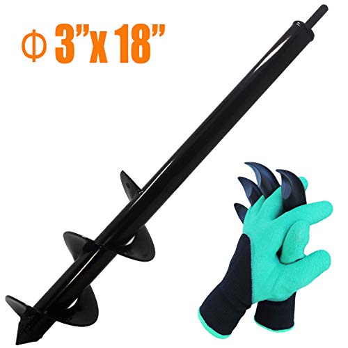 Koopi Auger Drill Bit, Garden Plant Flower Bulb Auger 3" x 18" Rapid Planter with Hex Shank for Drill, Post Hole Digger with Bonus Garden Genie Gloves