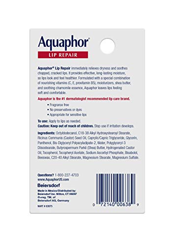 paquete múltiple de barra de reparación de labios aquaphor - alivia los labios secos y agrietados -  - .17oz. palos, 0.68 onzas