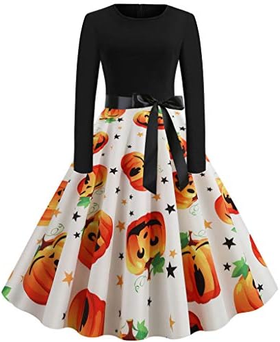 pangxiannv Halloween Dress, Women Pumpkin Skater Swing Dress A-line Lace Skull Dress