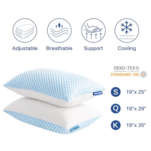 EASELAND Firm Pillow Shredded Memory Foam(Adjustable Loft), Breathable Cooling Bed Pillows Supportive for Side Back Stomach Sleepers Queen Size 2 Pack Blue and White